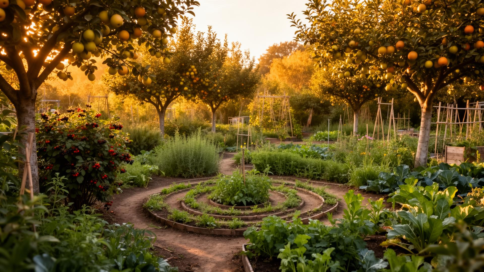 Lush permaculture food forest with layered canopy, companion planting and water harvesting swales